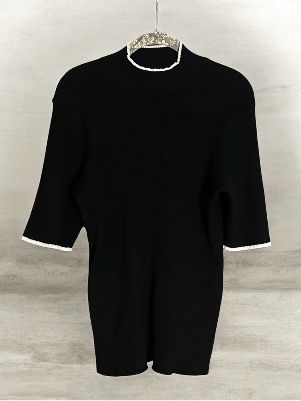 Madison Grey Black Cowl-Neck Sweater with White Trim